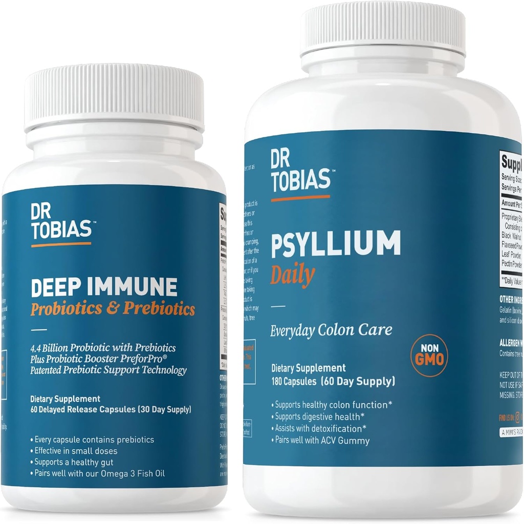 Dr. Tobias Deep Immune Probiotika og Prebiotika og Psyllium Daily, støtter Digestive Health, Gut Immune Function, Daily Fiber Supplement i støtte av Colon Health med 4.4. Million CFU