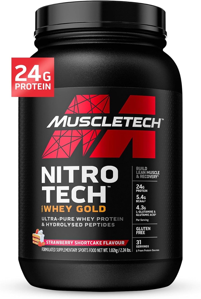 Whey Protein Powder, MuscleTech Nitro-Tech Whey Gold Protein pulver, Whey Protein Isolate Smoothie Mix , Protein pulver for kvinner og menn , Jordbær Protein pulver, 2 lbs (28 Serv)-pakke varierer