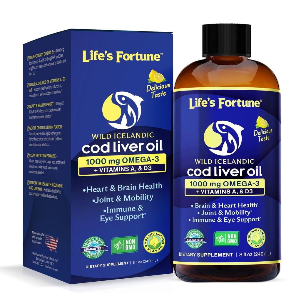 Life's Fortune Cod Liver Oil Liquid Organic Lemon Flavor (8 Oz) 1000 mg Omega + vitamin A, E & D3 - støtter immunhelse - 100% Fish Oil Supplement fra Wild Ocean Cod-GMO Gratis