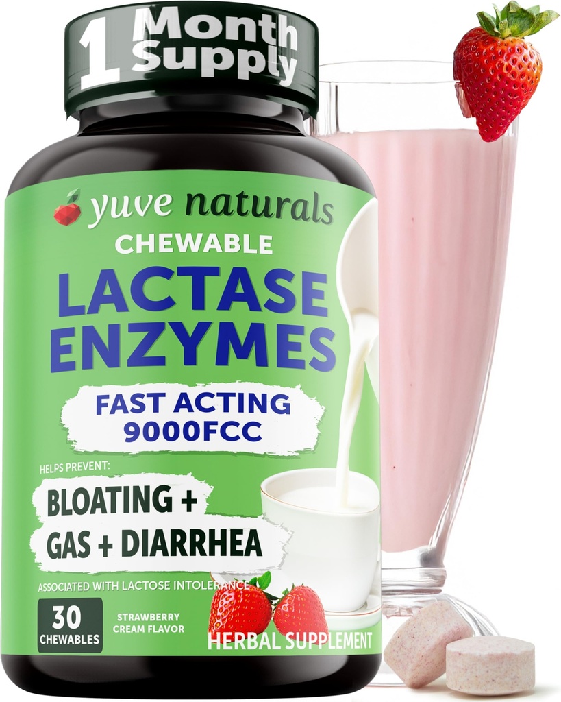 Yuve Naturlig hurtigvirkende Dairy Relief Delicious Chewables - Lactase Enzyme 9000 FCC - Si farvel til Dairy Discomfort fra Lactose Intolerance - Strawberry Cream Flavor - 30ct