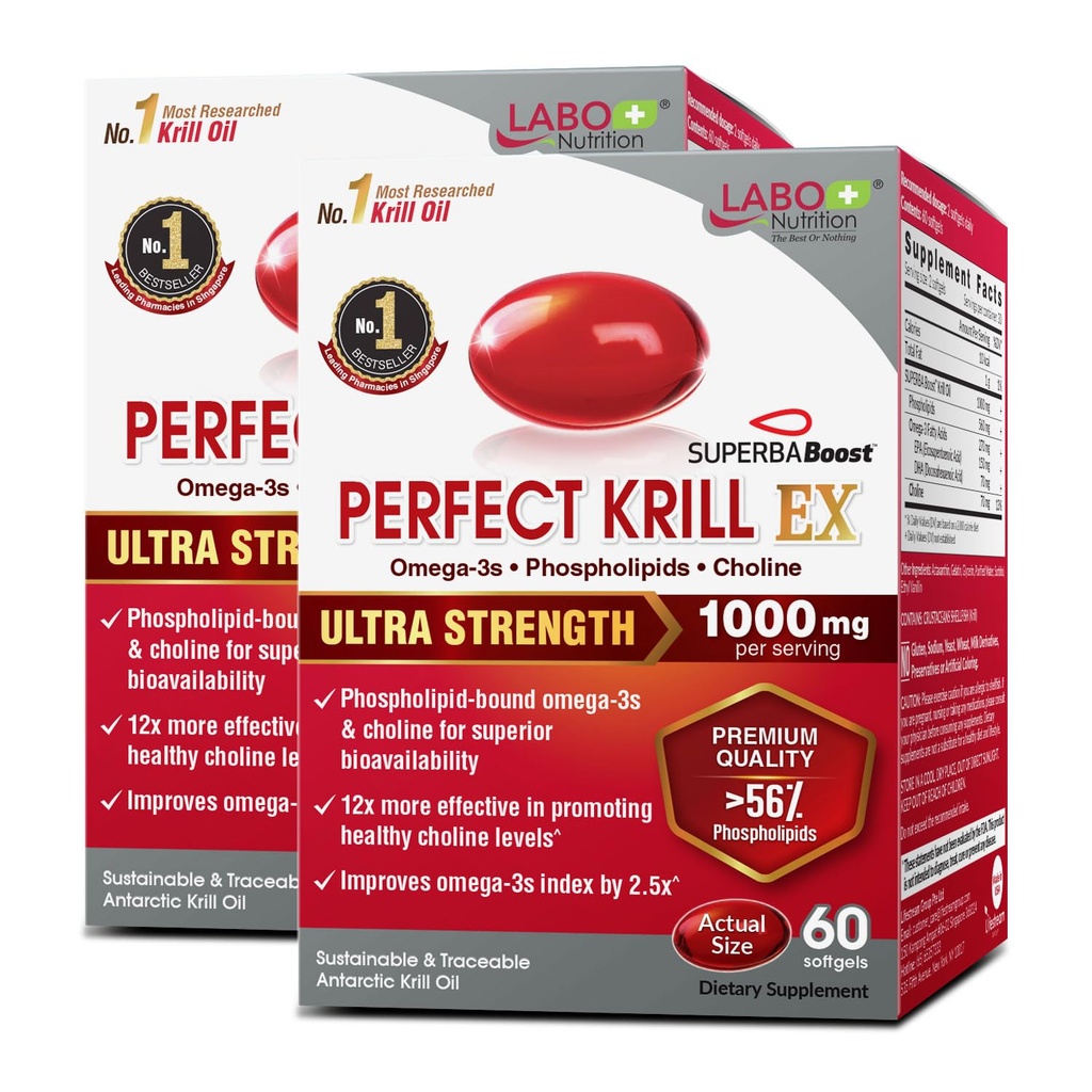 LABO Nutrition Perfect Krill EX, 1000mg Antarktis krill olje Omega 3 EPA DHA, Høyeste Fosfolipider (over 56%) med Choline, Astaxanthin  enhver hjerne øye felles helse, laget i USA, 60 softgelsX2