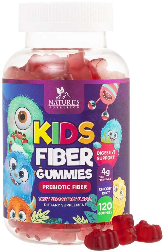 Fiber Gummies For Kids, Daglig 4g Gummy Fiber Supplement, Prebiotisk Digestiv Helse Support - Naturens Plante Basert Oppløselig Fiber, støtter Regelmessighet og Digestion for Kids Ikke-GMO - 120 Gummies