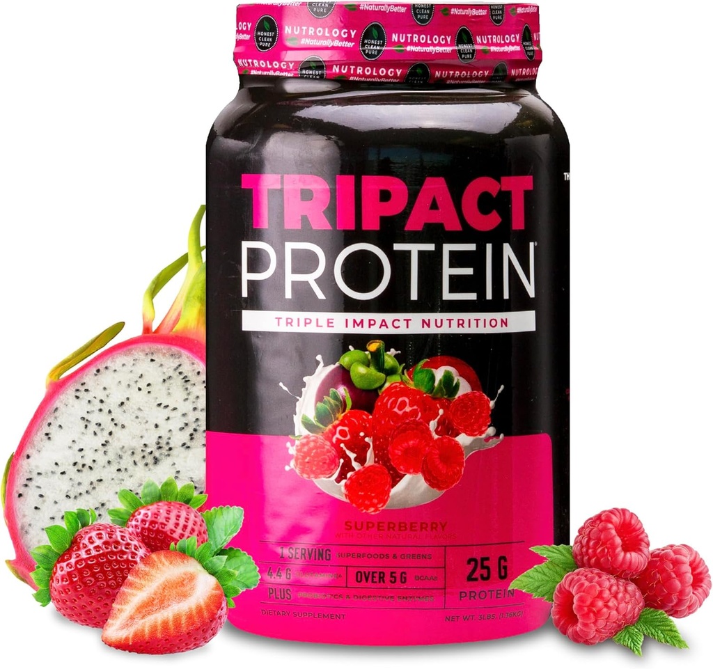 Nutrologi TRIPACT Protein pulver - 7-i-1 måltid utskifting riste med korn Fed Whey Protein pulver, era, ris, grønne for muskel gjenoppretting og immunitet, Superberry flavor, 40 serveringer