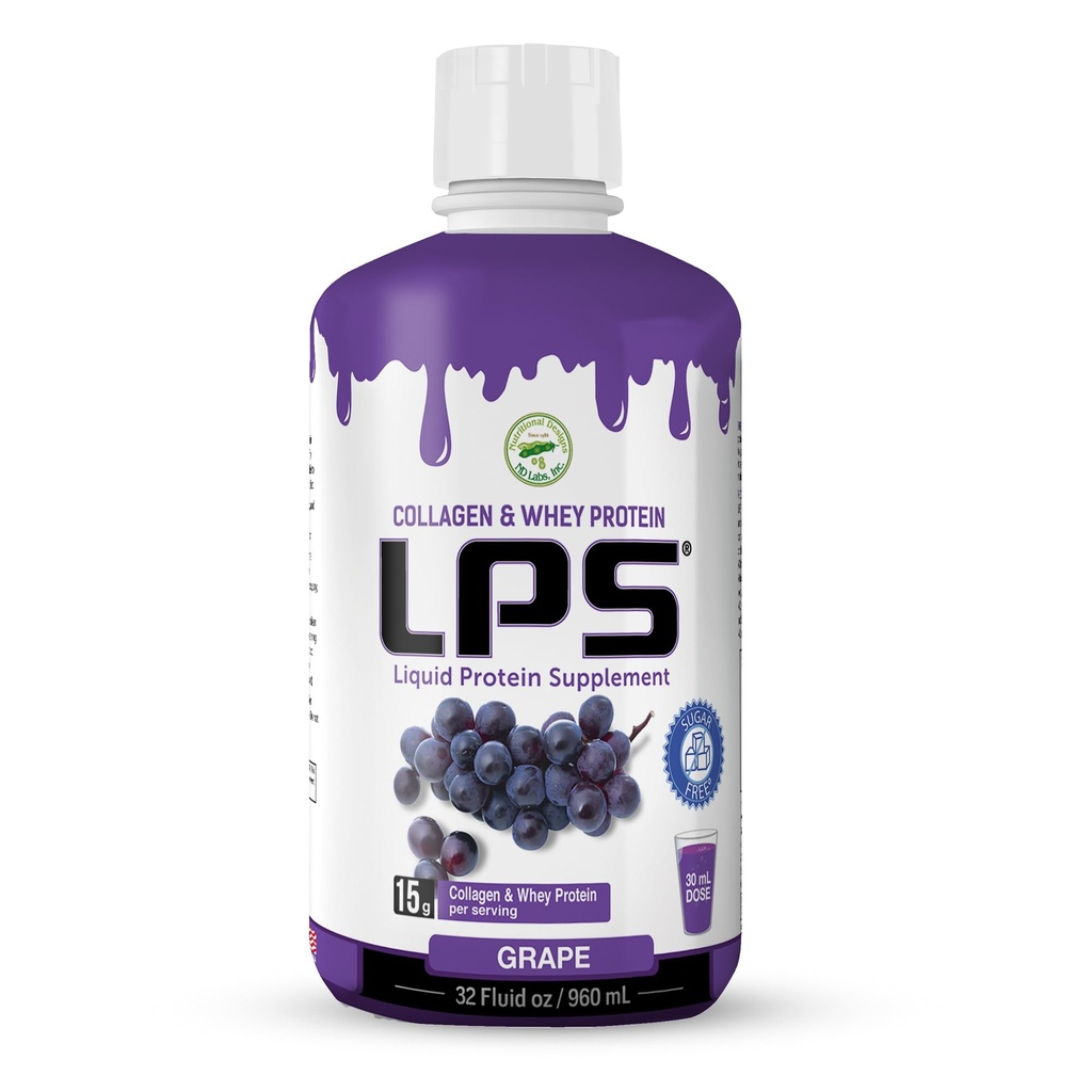 LPS flytende kollagen & Whey Protein Supplement - Sukker-fri, Dye-fri, ikke-GMO drikke - Hydrolysert kollagen & Whey Peptides fremmer sunn hud og hår for menn og kvinner, Grape, 32 fl oz