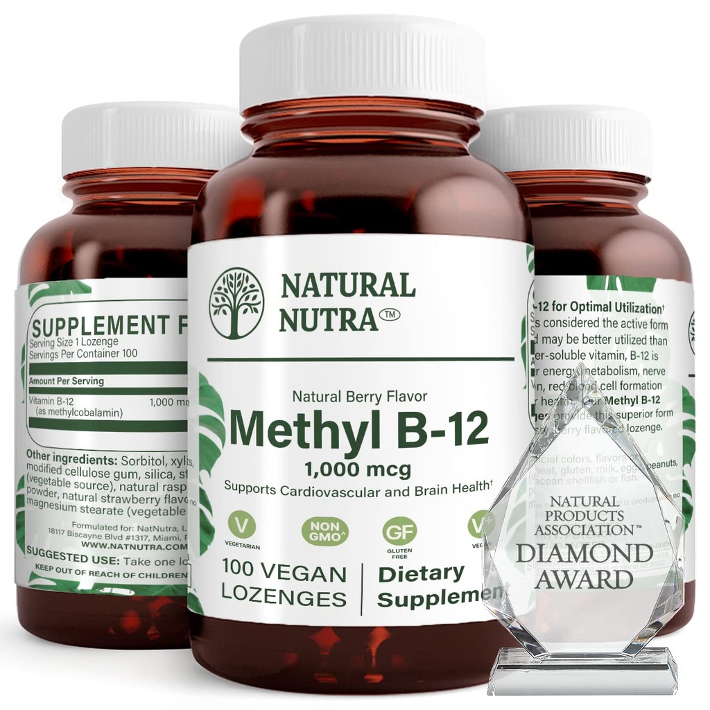 Naturlig Nutra Vegan Metyl B12 1000mcg, hjerte helse og energi Booster Supplement, Glutenfri, Støtte Energitransformasjon, Forbedre immunrespons, Hjelp Hjernefunksjon, 100 Vegan Lozenges