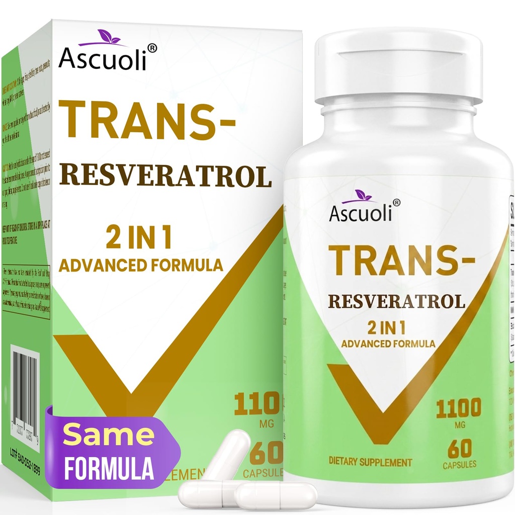 99% Ultra renhet Trans-Resveratrol 1100mg, 3-i-1 Advanced Formula Organic Resveratrol Supplement, Max Antioksidant, Anti-Aging, Hud Helse, Cell Repair, Boost NAD+, Immun & Energi, 60 Caps