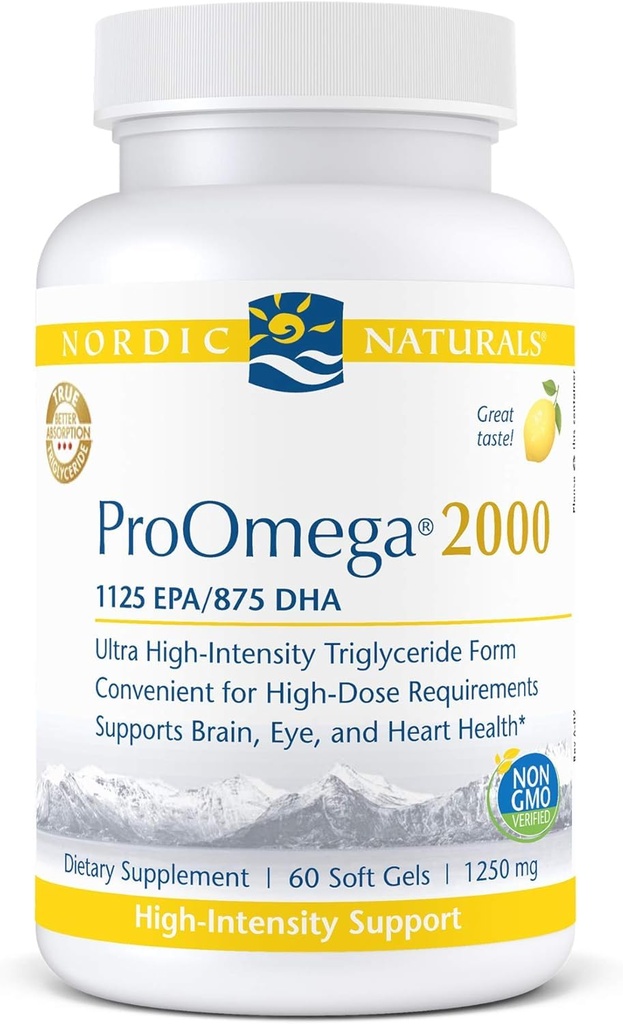 Nordic Naturals ProOmega 2000, Lemon Flavor - 2150 mg Omega-3 - 60 Soft Gels - Ultra høy-Potency Fish Oil - EPA & DHA - fremmer hjerne, øye, hjerte, og immun helse - ikke-GMO - 30 Services