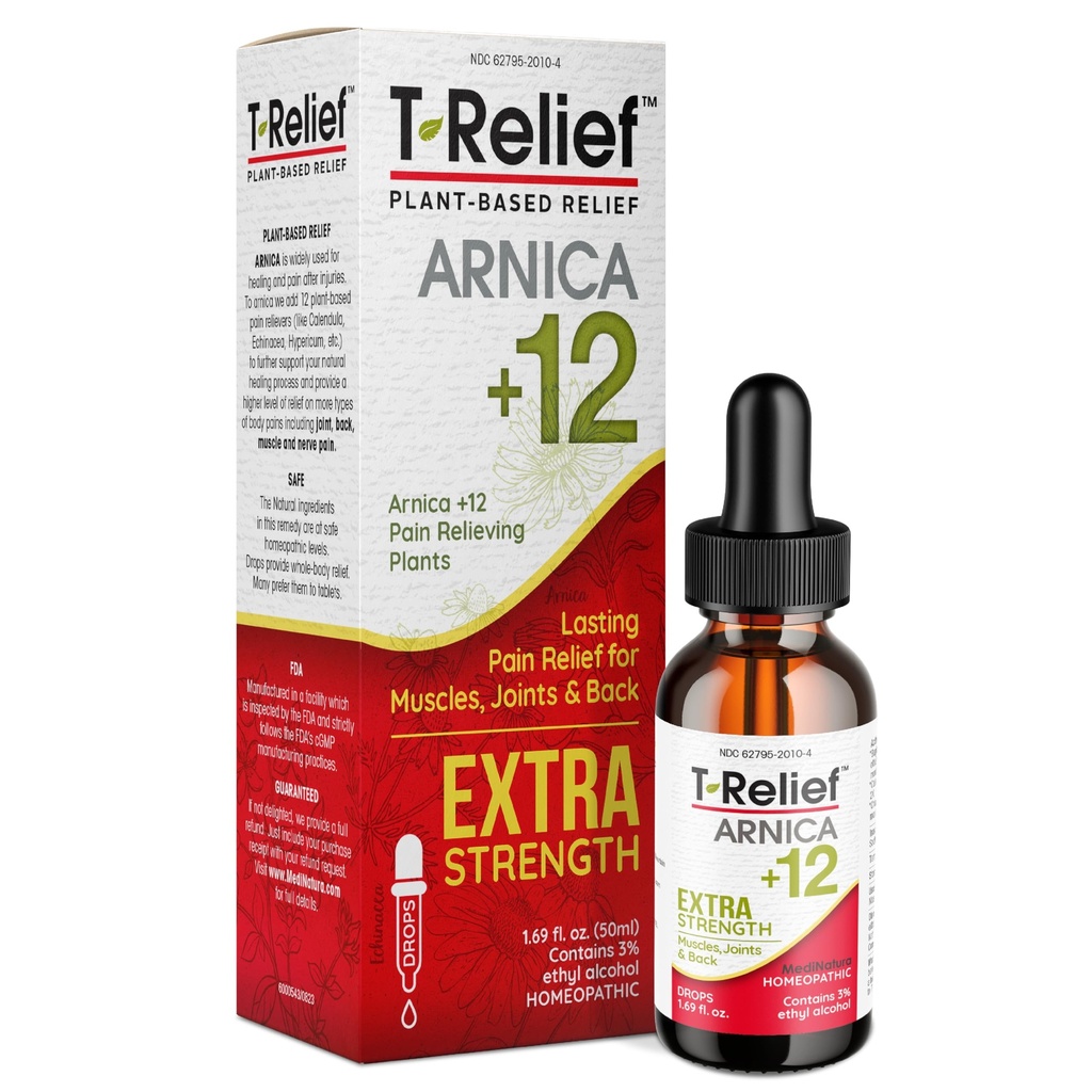 MediNatura T-Relief Extra Styrke Oral Drops Arnica + 12 Rask-Active Naturlig Belastende Aktive For Rygg Hals Felles Muskel Hånd & Fot Akser Smerte & Soreness - 1,69 oz