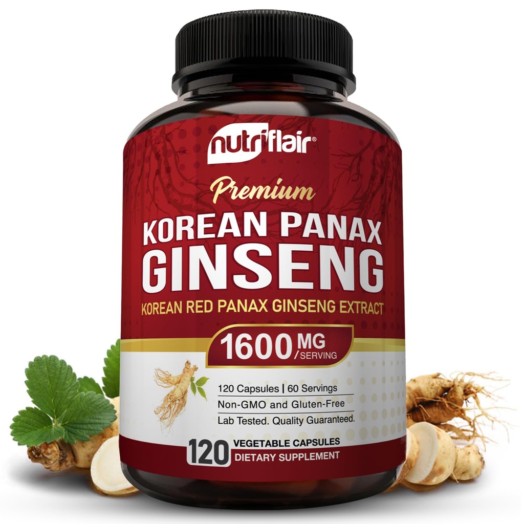 NutriFlair koreansk rød Panax Ginseng 1600mg – 120 veganske kapsler | 5% Ginsenosider | Ikke-GMO, Glutenfri | Naturlig energi og fokus støtte | laget i USA