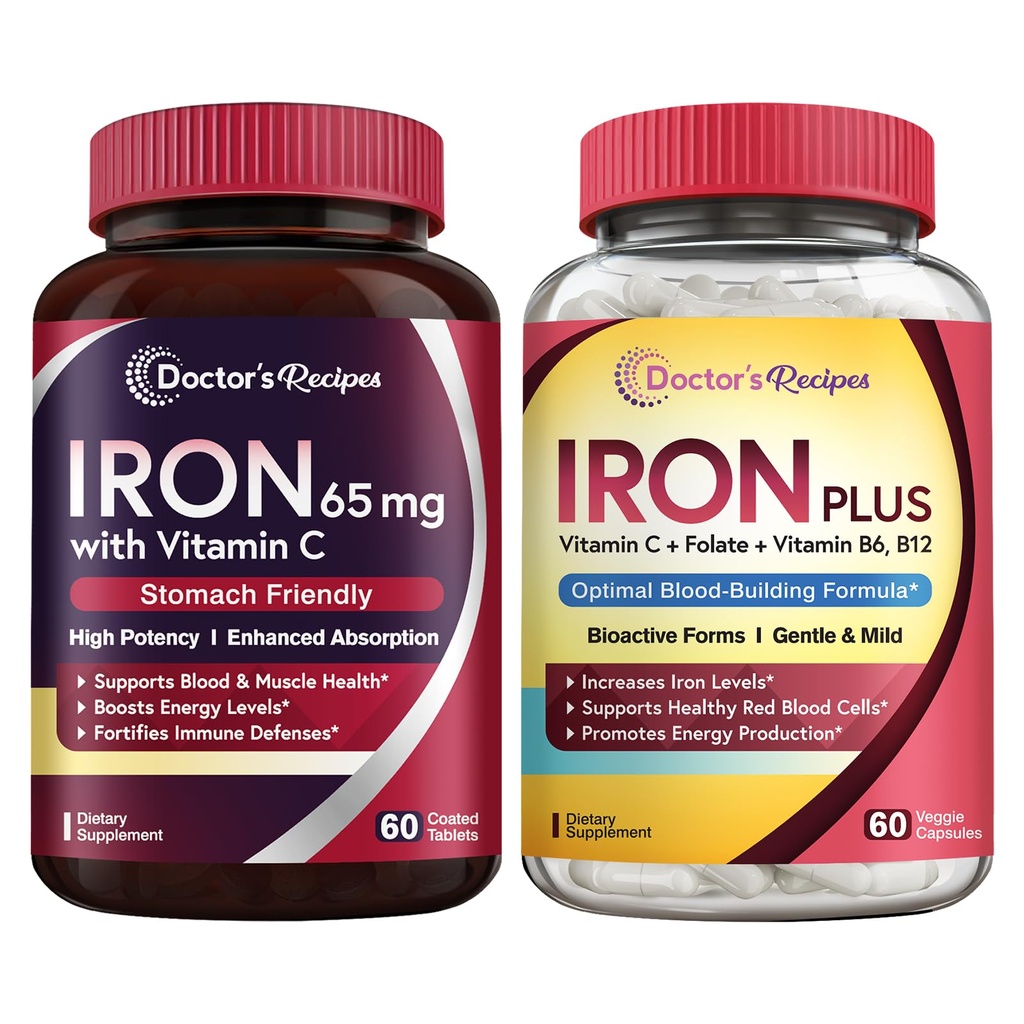 Legens oppskrifter Iron 65 mg og Iron Plus Bundle, sunn jern og blod støtte, jern tabletter 60 ct og jern kapsler 60 ct