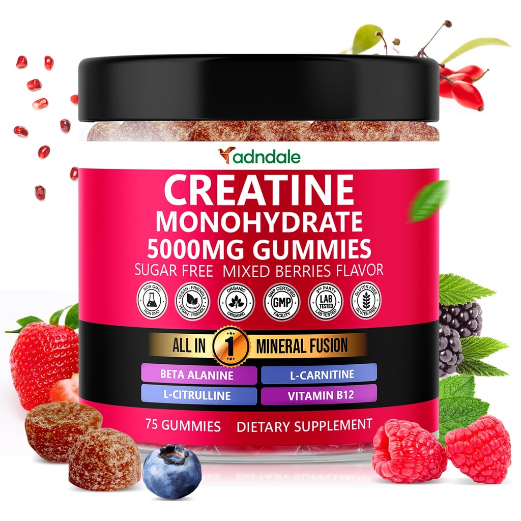 Adndale Creatine Monohydrat Gummies for menn og kvinner, 5000 mg per servering kreatin Supplement med Beta-Alanine, L-Citrulline & B12 - 75 Vegan Gummies. sukkerfri