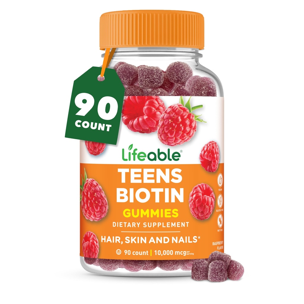 Livbare Tenåringer Biotin 10000mcg Gummies | Vitamin B7 | Vegansk Biotin Supplement | Great Tasting Biotin Gummies for hårvekst, sunn hud og negler | Biotin vitaminer for tenåringer | 90 Gummies