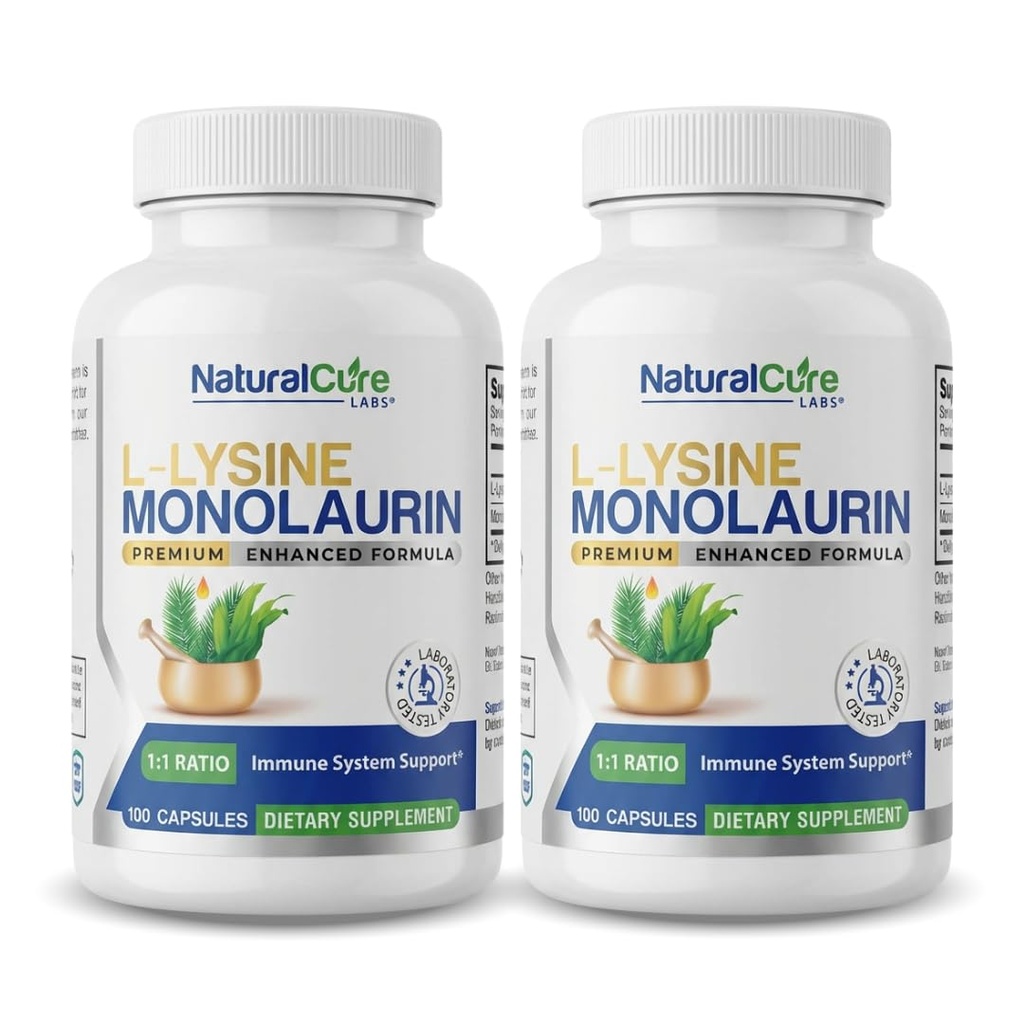 Naturlig Cure Labs L-Lysin + Monolaurin 600 mg 1:1 forhold, 2 pakke, 200 kapsler