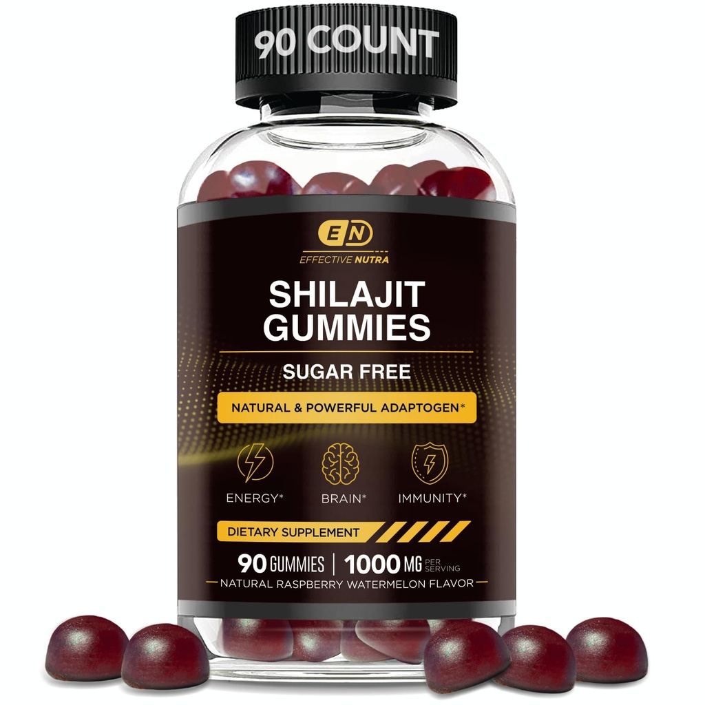 EFFECTIVE NUTRA Shilajit Gummies 1000mg ren Shilajit Resin for energi, Hjerne og immunitet | Supplement for menn og kvinner | Sukker-fri, Vegan, Glutenfri | Naturlig Berry Flavor, laget i USA (90ct)