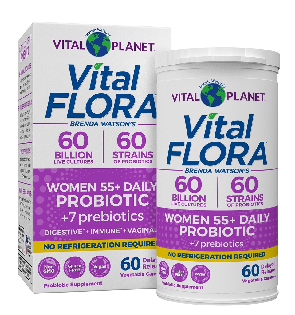 Vital Planet - Vital Flora Probiotika for kvinner over 55 daglige hyllestabile probiotika 60 milliarder CFU, 60 diverse strimler, 7 organiske prebiotika, immunstøtte og digestiv helse 60 kapsler