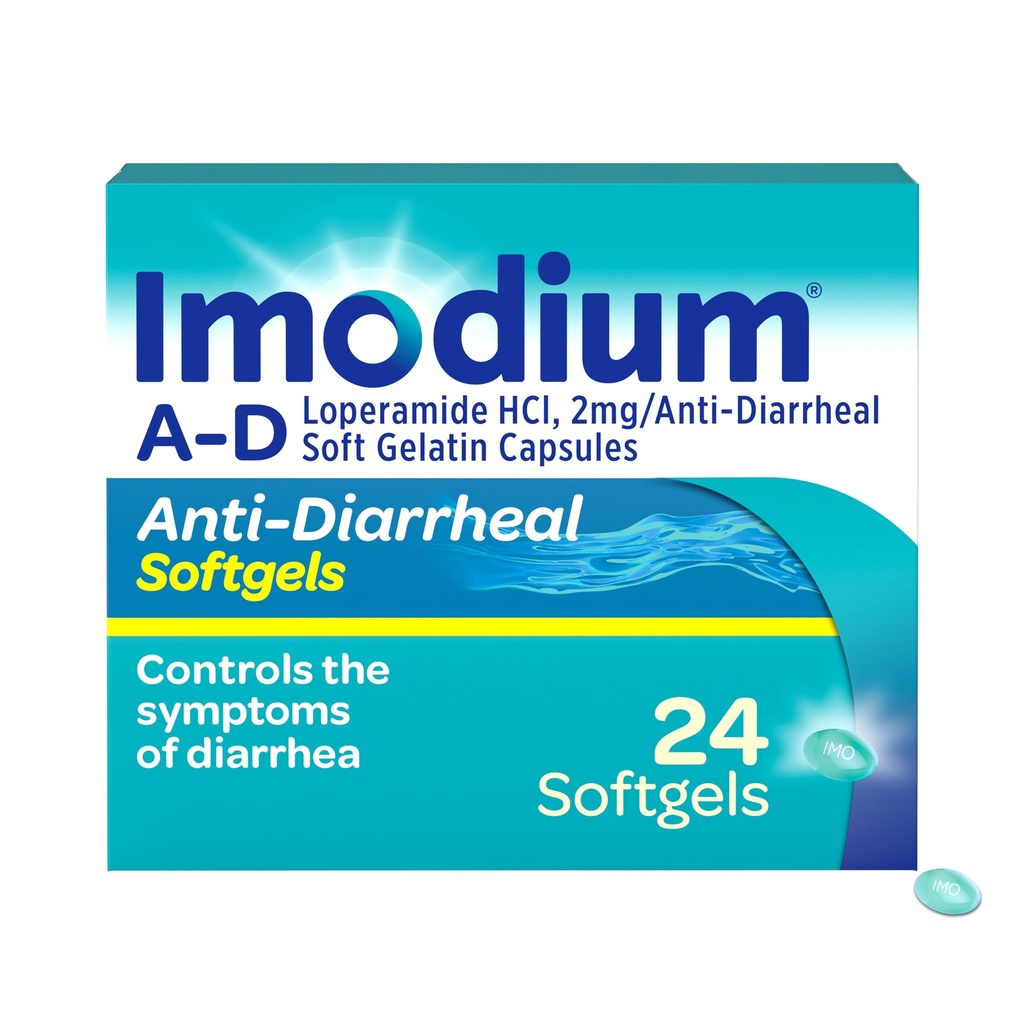 Imodium A-D Fast-Active Anti-Diarreal Softgels, Loperamid HC1 2 mg, Reise Essential Diarrea Relief medisin for voksne, 24 greve, Anti diarrea piller, alder 12+, lett å svelge