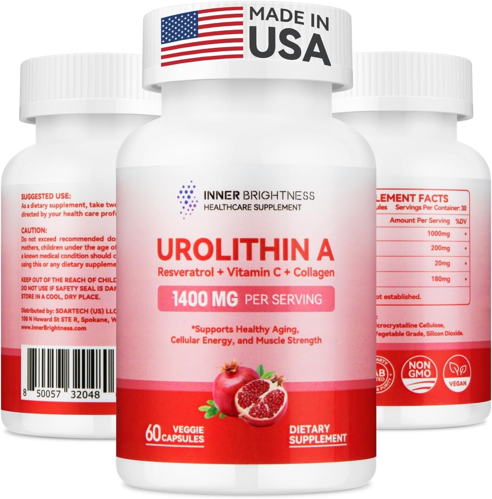 Urolitin A Supplement 1400 MG - Ikke-GMO, Glutenfri, Anti-Aging, Cellular Renewal, Muskelstyrke, Utholdenhet og langvarig støtte, Liposomal Urolitin A, 60 greve