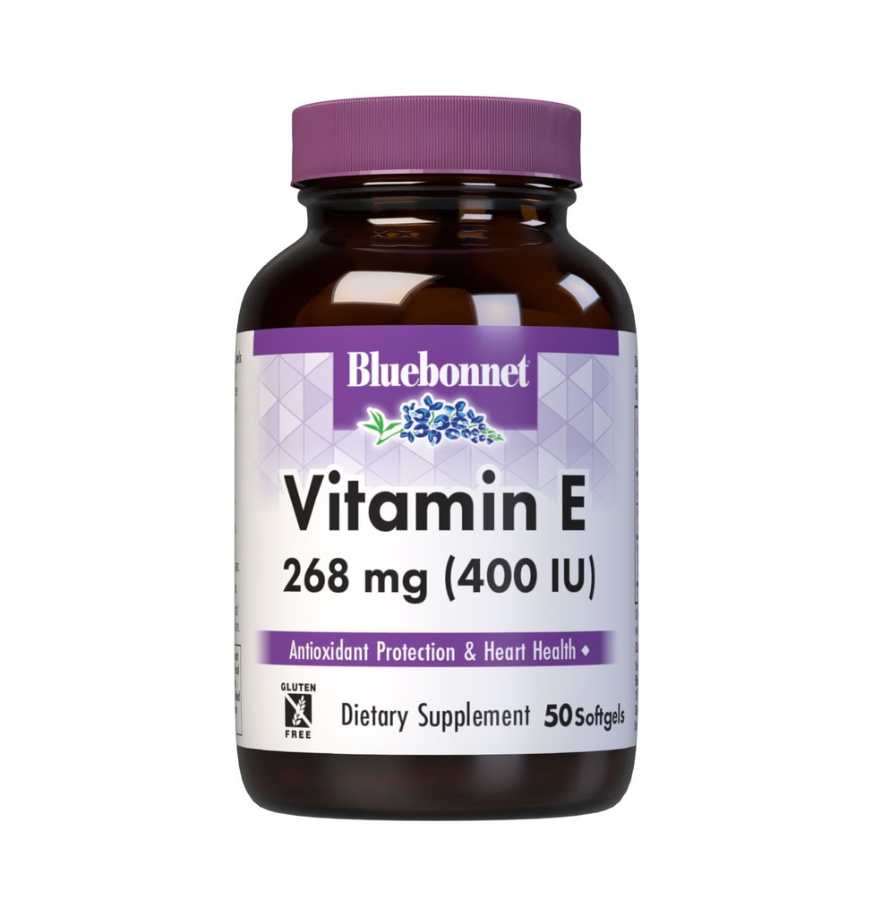 Blåbonnet Ernæring Vitamin E 400 IU (268 mg) Blandet tokoferoler Softgels, Gratis radikal portection og kardiovaskulær støtte, Glutenfri, Dairy-Free, 50 Softgels, 50 serveringer