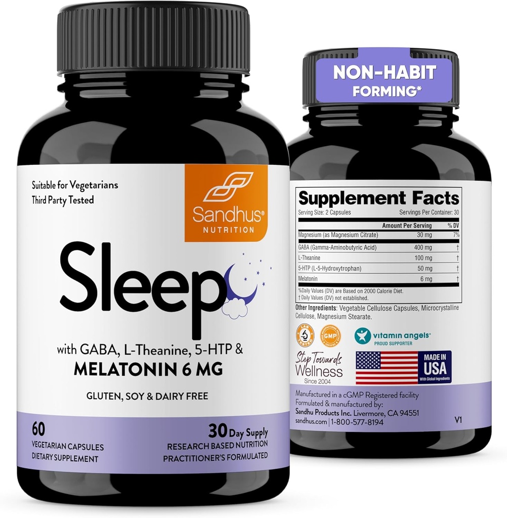 Sandhus søvn 60 Kapsler – ikke-habitdannende 5-i-1 søvnhjelp Supplement med melatonin, magnesium, GABA, L-theanin og 5-HTP