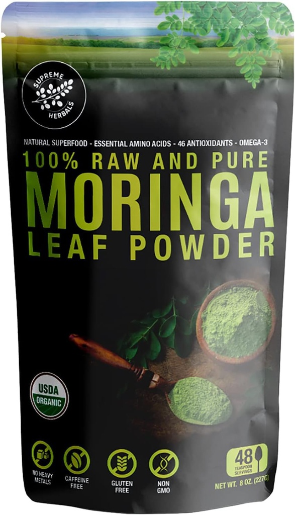 100% rå og ren Moringa Leaf pulver. Økologisk sertifisert Moringa Leaf. Naturlig supermat med essensielle aminosyrer, antioksidanter og Omega 3, 8 oz forseglbar pose.