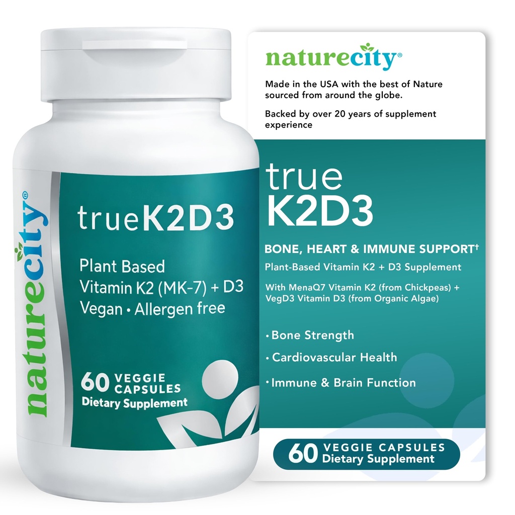 NatureCity TrueK2D3 Plantebasert vitamin K2 MK7 (90mg) & D3 fra Algae(2,500 IU) 2 i 1 vitamin D3 K2 Supplement for bein, hjerte og immun helse – 60 Veggie kapsler