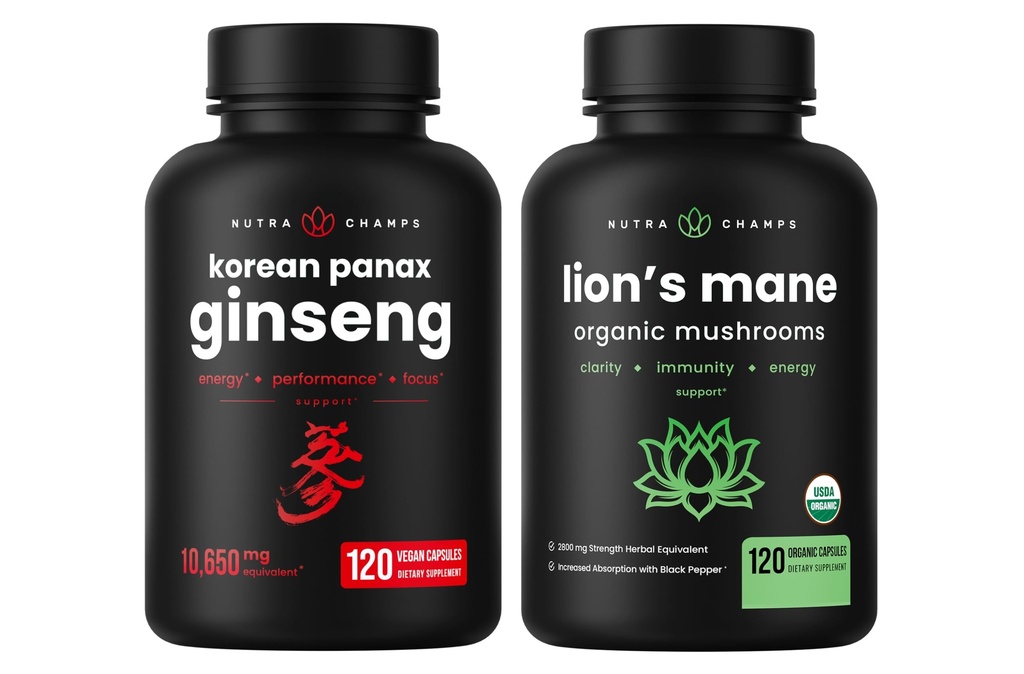 NutraChamps koreanske Ginseng Capsules og Lions Mane Capsules 2 Pack Bundle