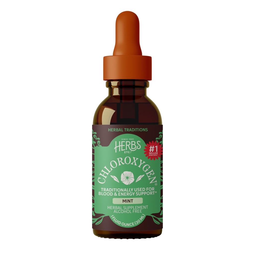 Herbs Etc. KlorOxygen Klorofyllkonsentrat - høykonsentrert energistøtte - Bistander sunn blodsirkulasjon - Naturlig vitalitetsstøtte - alkoholfri - 1 fl oz, Mint (Om 66 serveringer)