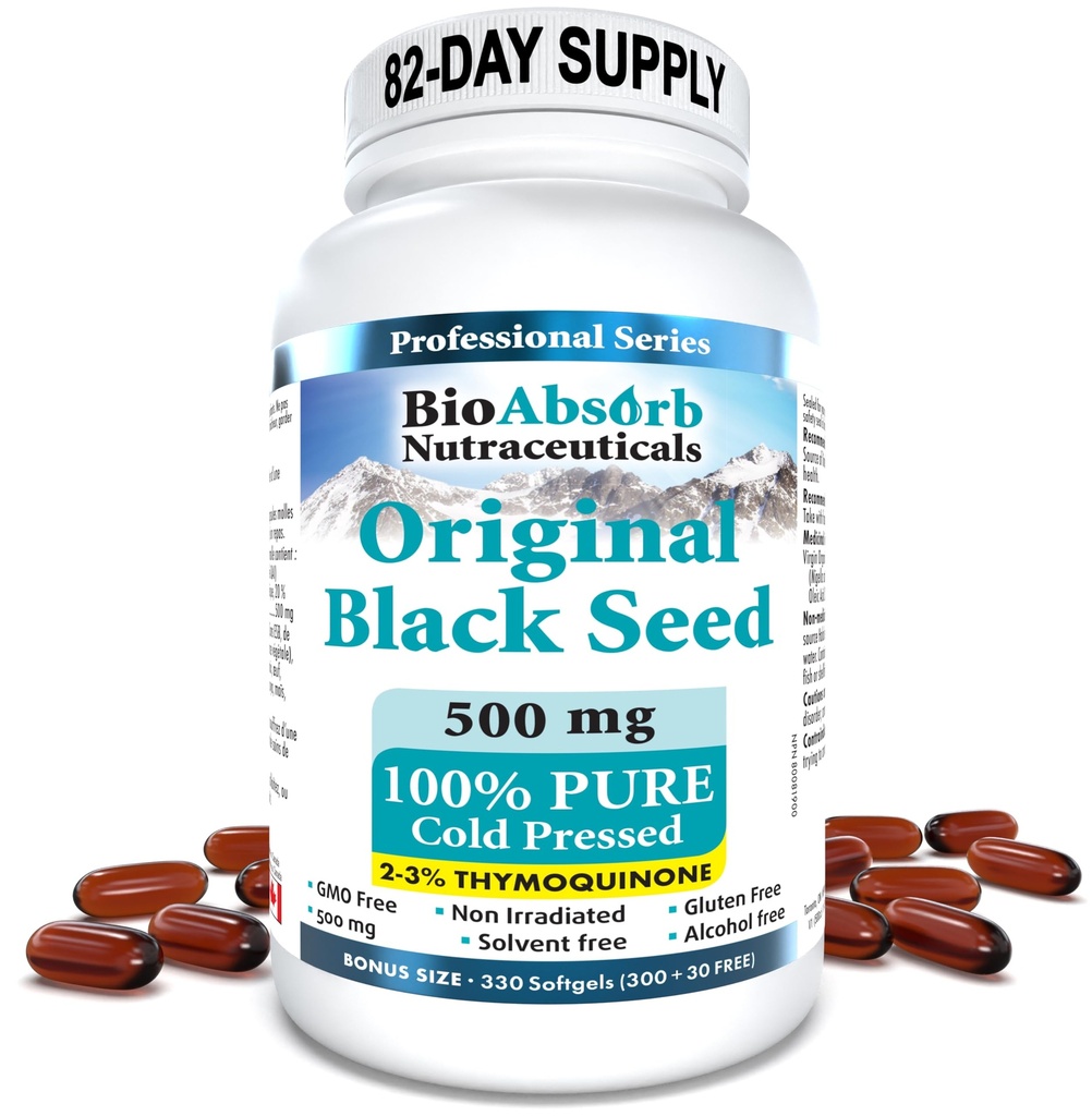 Bio Absorb Svart Seed Oil Capsules, 82-dagers forsyning, kald presset ren svart cuminfrøolje (Nigella Sativa) (330 mykgels, 500mg)