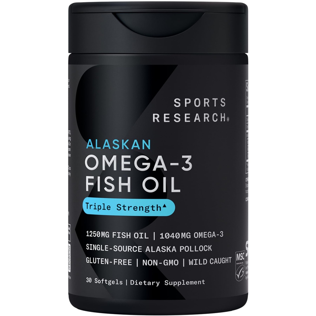 Sportsforskning Triple Styrke Omega 3 Fiskeolje 1250mg fra Wild Alaskan Pollock - Burpless Fish Oil Supplement med Omega-3 EPA & DHA - Utmerket kilde, ikke-GMO, Glutenfri - 30 Softgels