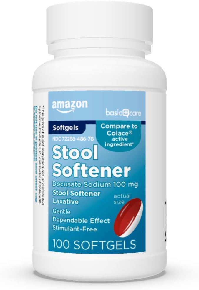 Basic Care Stool Softener Laxativ, Dokusat Natrium 100 mg, Softgels, For lindring, 100 greve