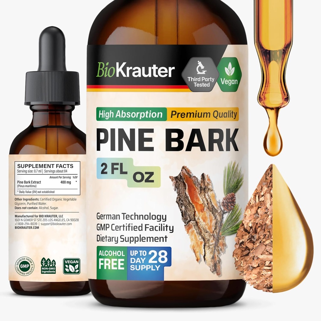 BIO KRAUTER Pine Bark ekstrakt - rik på antioksidanter flytende kosttilskudd - 400 mg Fransk Maritime Pine Bark ekstrakt dråper - Vegan, alkohol og sukker gratis - 2 Fl Oz