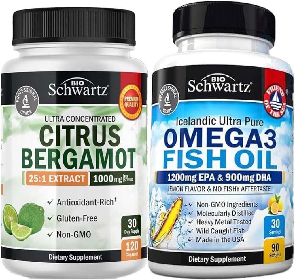 Triple styrke Omega 3 Fish Oil Softgels (1 måneds forsyning) Plus 1000mg Citrus Bergamot Supplement (1 måneds forsyning)