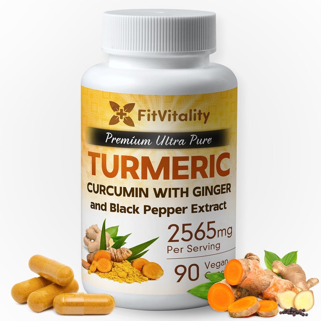 Turmeric Curcumin 2565 mg, 90 kapsler, 95% Curcuminoids & BioPerine Black Pepper Extract, Extra styrke Turmeric Supplement, Alle naturlige og ikke-GMO, Glutenfri, Vegansk Kapsler