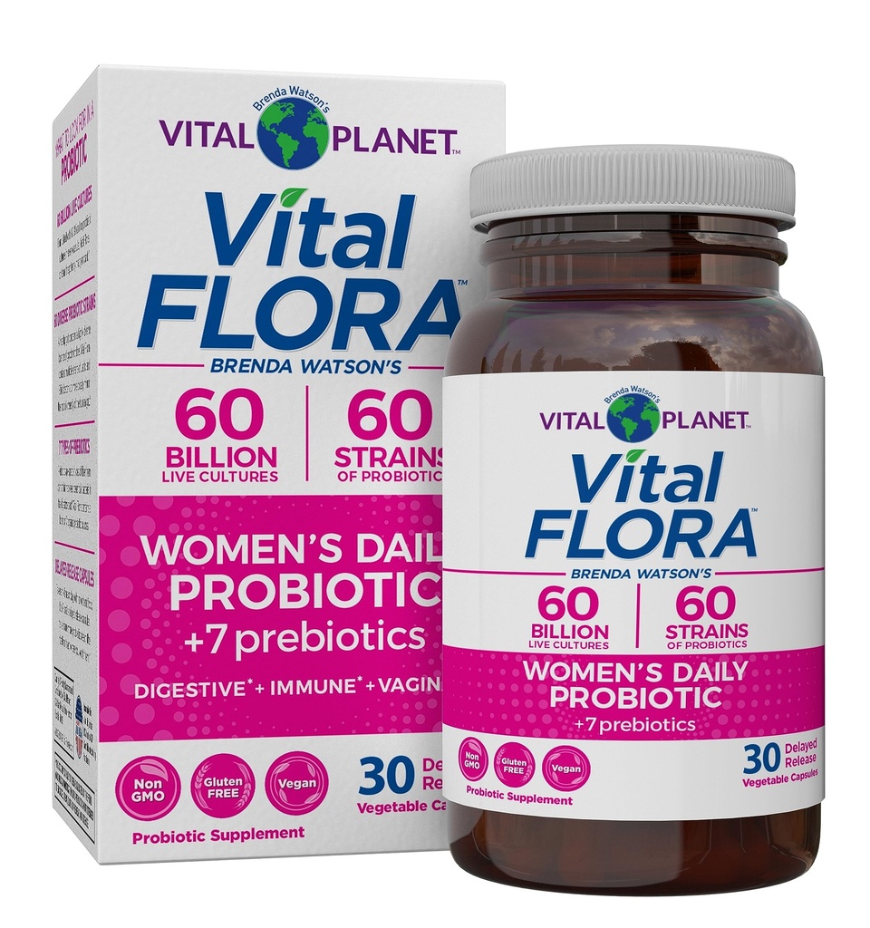 Vital Planet - Vital Flora Kvinners Daily Probiotic 60 milliarder CFU, 60 diverse strimler, 7 organiske prebiotika, Vaginal og immunstøtte, Bloating, Digestive helseprobiotika for kvinner 30 kapsler
