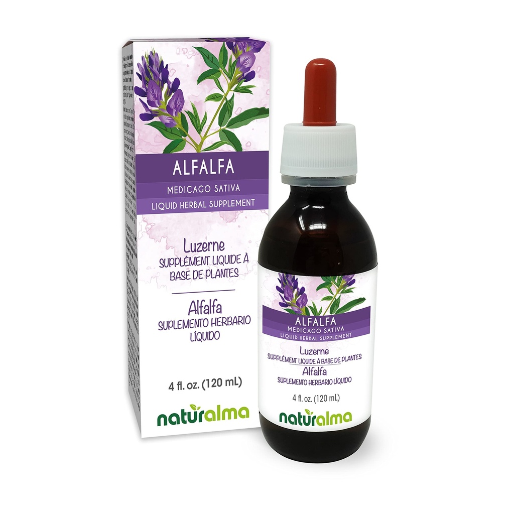 Naturalma Alfalfa eller Lucerne (Medicago Sativa) urt med blomster alkoholfri tinktur - rik på naturlig klorofyll - 4 oz flytende ekstrakt i dråper - Herbal Supplement - Vegan