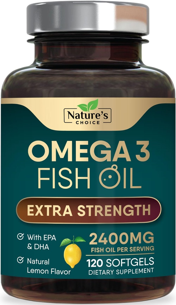 Omega 3 Fish Oil Supplement 2400 mg - Triple Styrke EPA & DHA Fish Oil Omega 3, essensielle fettsyrer Supplement Softgels, Helse og hjerte Helse støtte kosttilskudd, Glutenfri ikke-GMO, 120 Softgels