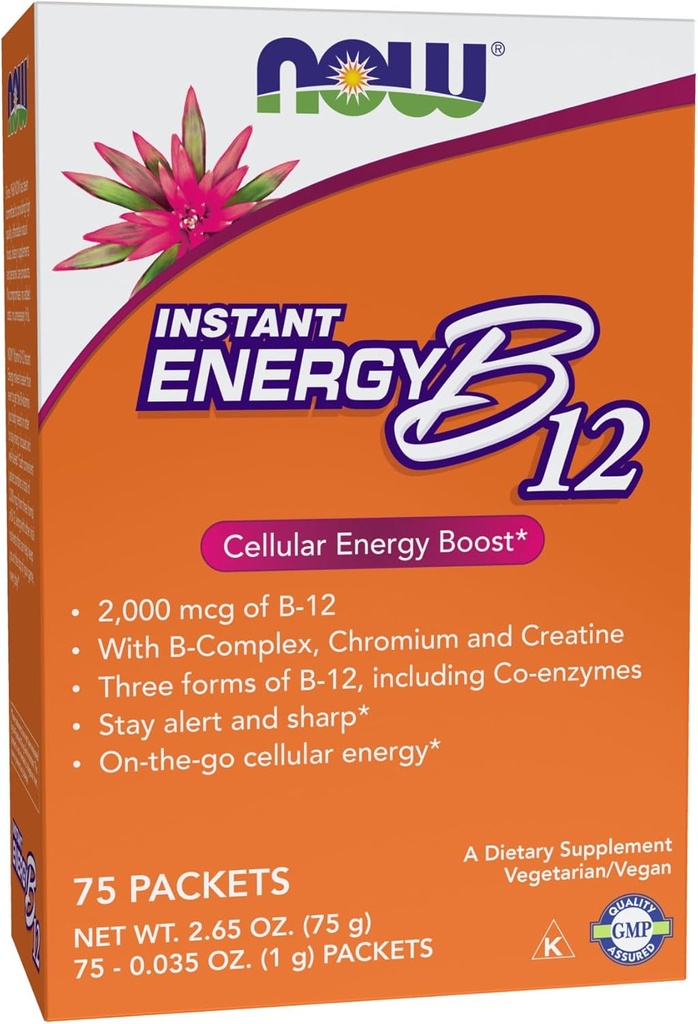 NOW Supplements, Instant Energy B-12 (2 000mg B-12 per pakke), Cellular Energy Boost*, 75 Pakninger