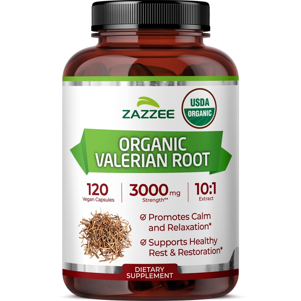 Zazzee USDA Organic Valerian Root 10:1 Ekstrakt, 3000 mg Styrke, 120 Vegan Kapsler, 4 måneders forsyning, Valeriana officinalis, 10X Potens, 100% vegetarisk, all-naturlig, ikke-GMO, laget i USA