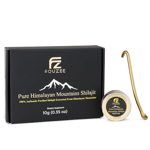 FOUZEE ren Himalayan fjell Shilajit - 77% + Fulvic Acid Autentisk Hard Konsistens, Naturlig kilde til Fulvic Acid, Over 85 Trace Minerals, Inkluderer rustfritt stål Spoon (10 gram)