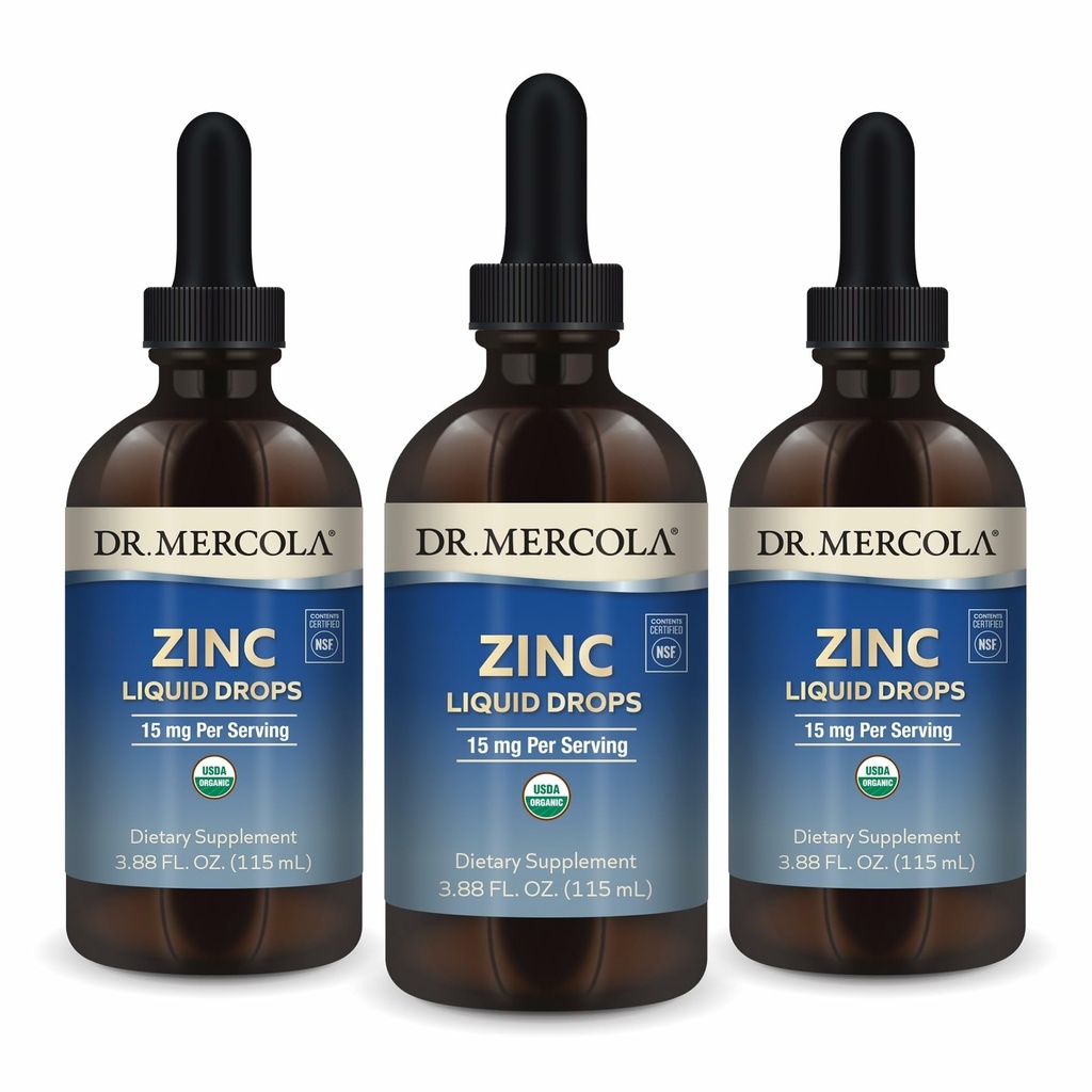 Dr. Mercola Sink flytende dråper - støtter immun- og organhelse - 15 mg organisk sink flytende dråper - USDA organisk - NSF sertifisert - Ikke-GMO, Glutenfri og soya-fri - 3,88 fl oz (3 pakke)