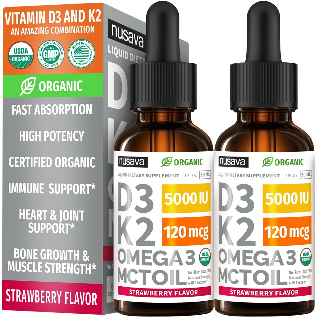 (2 Pack) Økologisk vitamin D3 K2 faller 5000 IE med MCT olje Omega 3 - Maksimal styrke flytende D3 uten fyllstoff, ikke-GMO for raskere absorpsjon, immunstøtte (Strawberry, 2 Fl Oz)