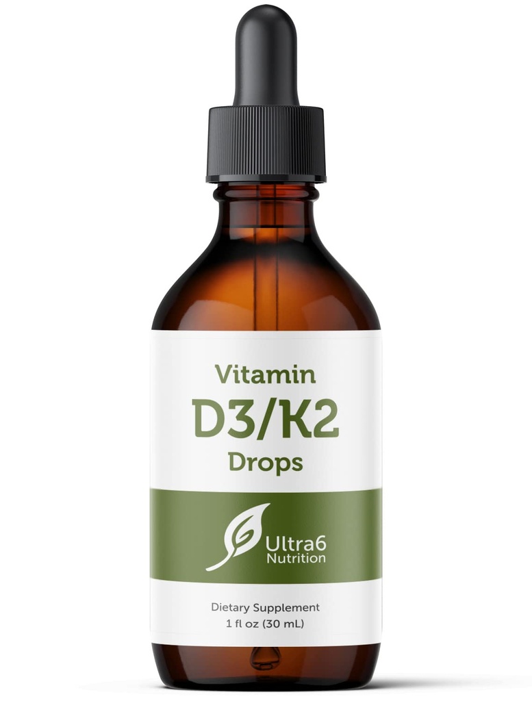Ultra6 Ernæring vitamin D og K2 Dråper - flytende vitamin D3 med K2 kosttilskudd for voksne - lett å ta, flavor-fri, høyabsorberbar VIT D3 og K2 kosttilskudd, laget i USA (30 ml)