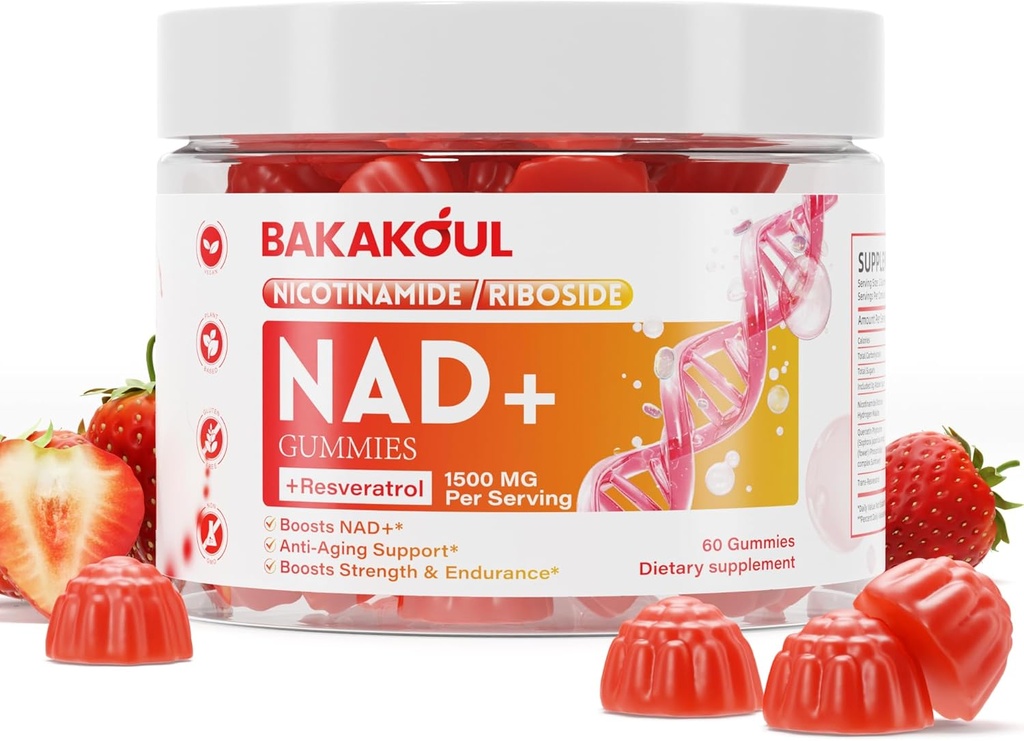 NAD Gummies, NAD Supplement - Liposomal Nicotinamide Riboside, Resveratrol, Quercetin, NAD Nicotinamid Riboside Resveratrol 900mg, NAD+ Tilskudd for menn og kvinner, 60 gummier 1 pakke