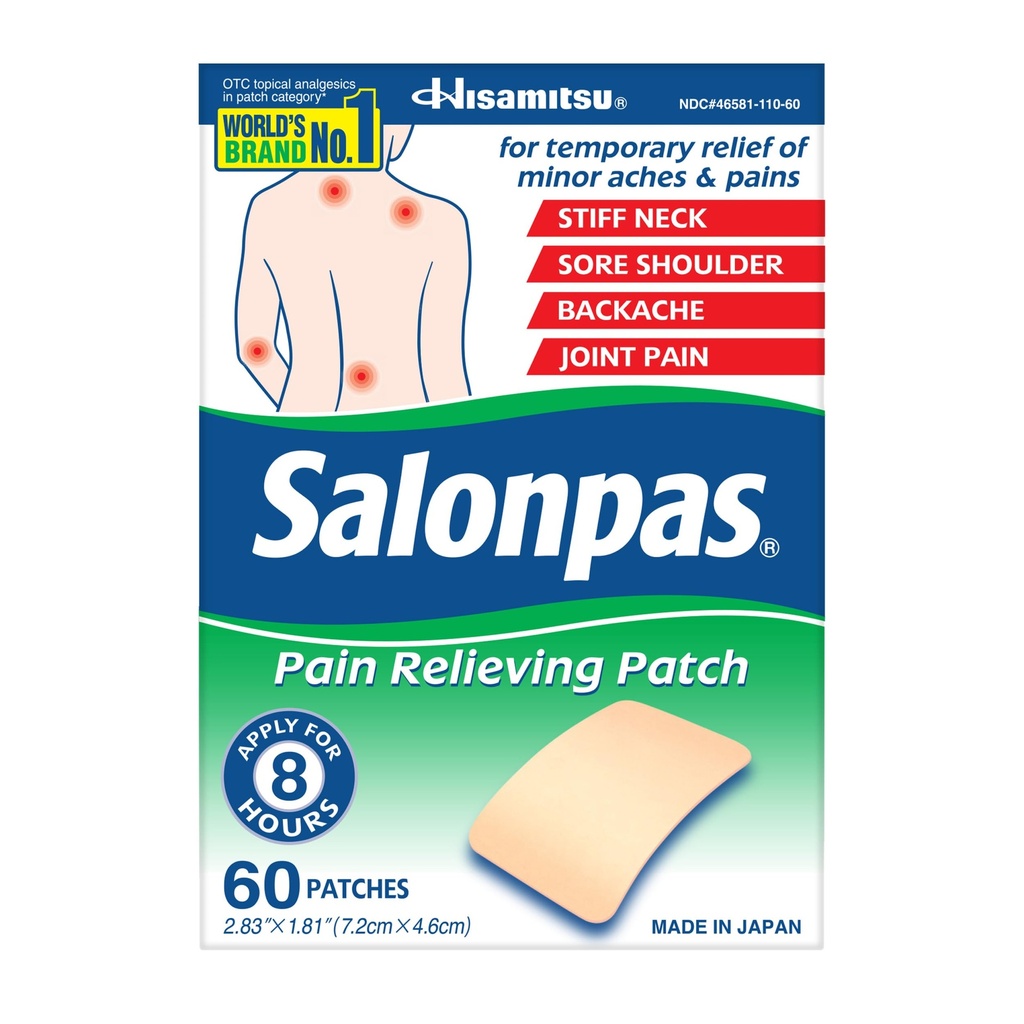Salonpas smerte lindrer patch for rygg, hals, skulder, knesmerter og muskelsorg - 8 timer smertelindring - 60 teller