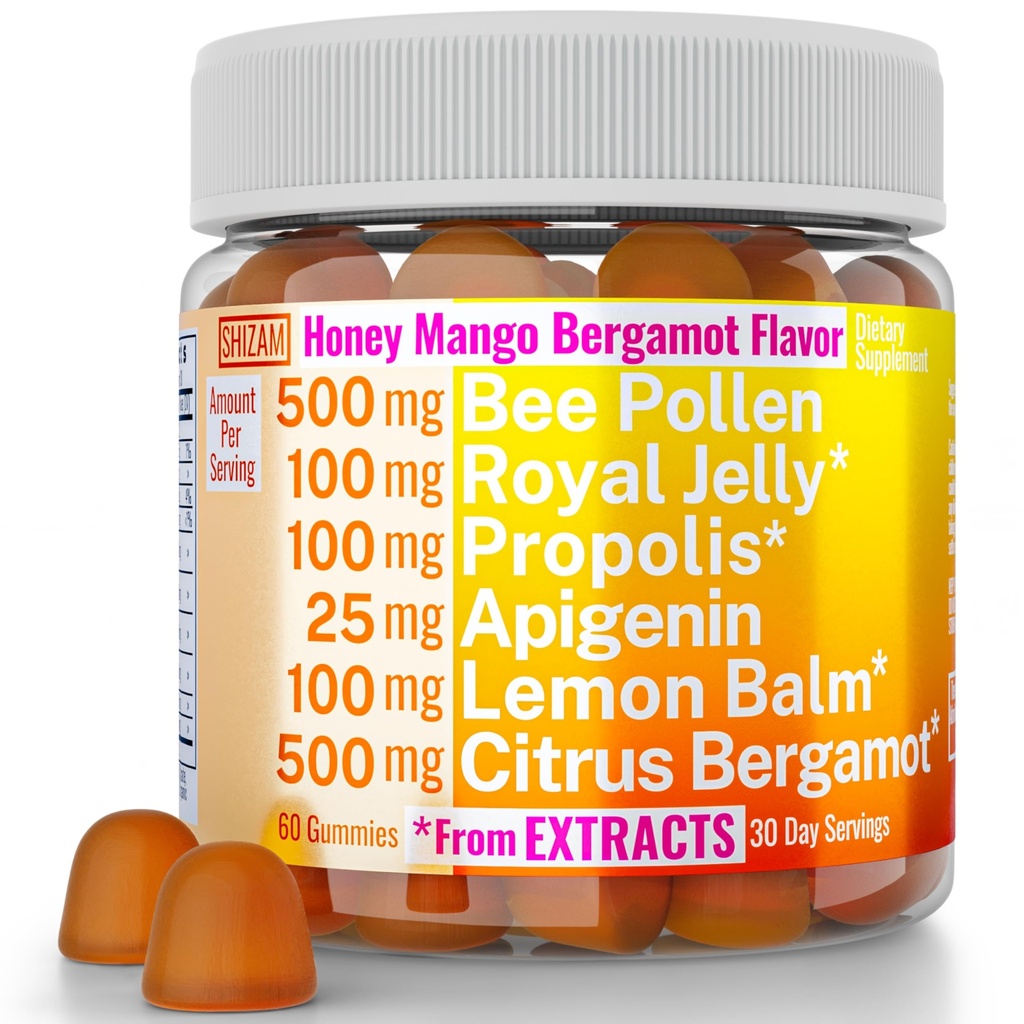 Bee Pollen Apigenin Citrus Bergamot Gummies w Organic Propolis Royal Jelly Honning Lemon Balm Extract, Supplement for menn Kids, Tinkture Drops Powder Capsule Herb kapsler Supplement Alt, Pollan Pollen