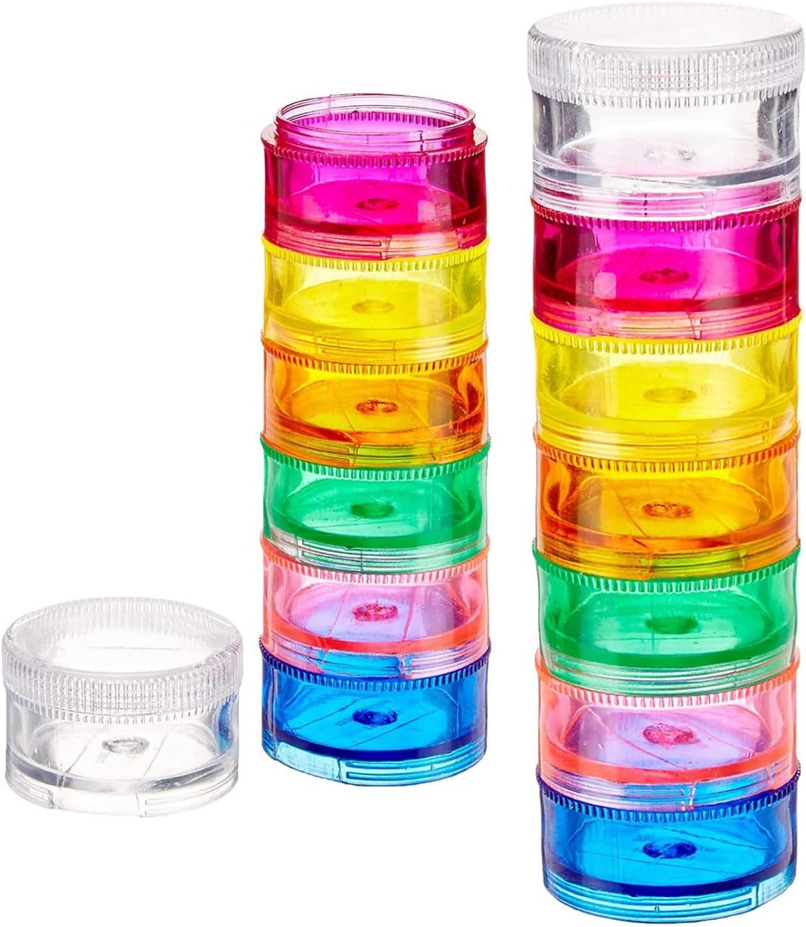 Deke Home - Stackable Pill Organizer (2 pakke), 7 dager ukentlig Pill Box Tower med Twist Lock sammenligninger, BPA-fri, reisemedisin Holder & vitamin dispenser, Kompakt og bærbar sak, Rainbow Farget