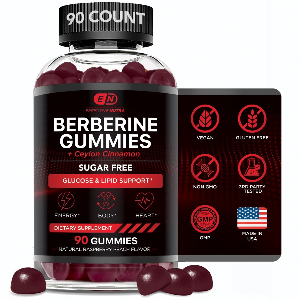 EFFECTIVE NUTRA Berberine Gummies med Ceylon Cinnamon ® Sugar-Free Supplement 1200mg for blodsugar støtte, hjertehelse, energi ® 45-dagers forsyning, naturlig Berry Flavor, laget i USA (90 greve)