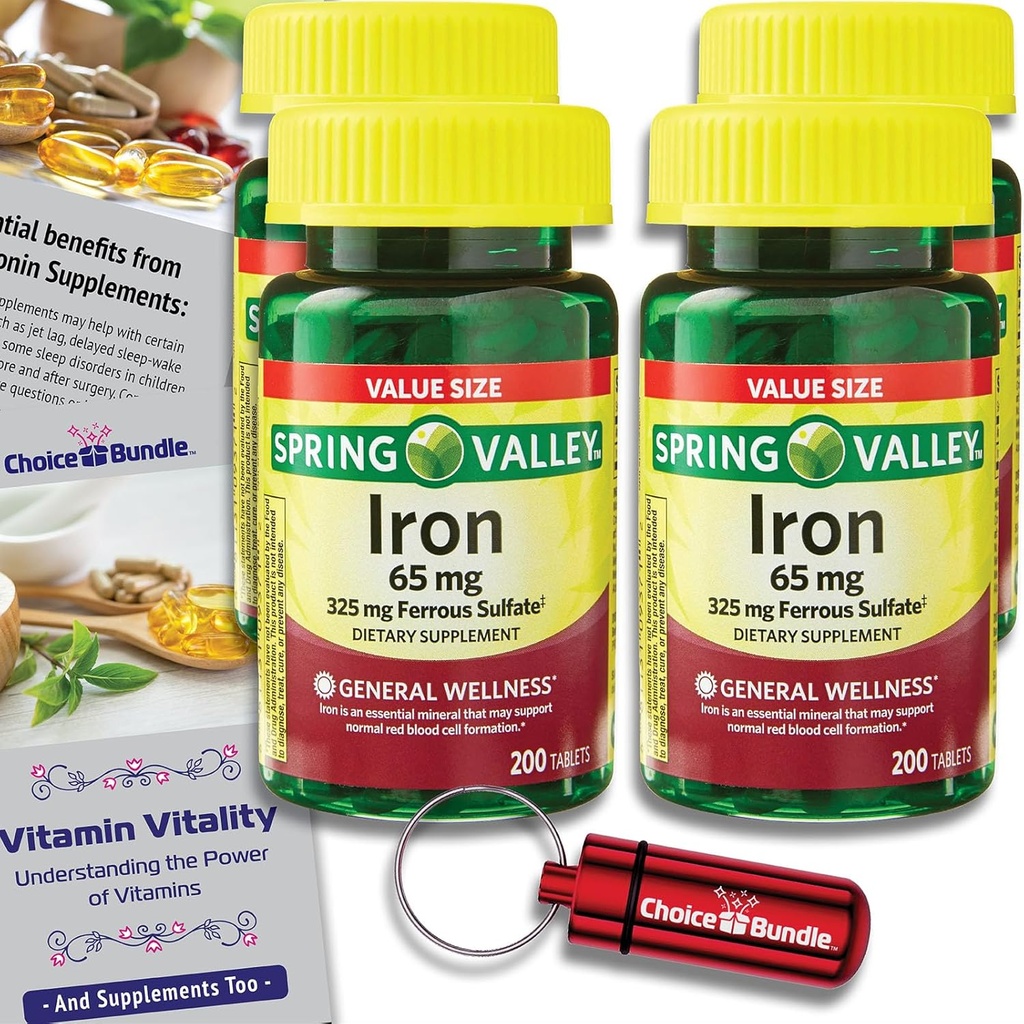 Spring Valley Iron Tabletter Diett Supplementsverdi Størrelse 65 mg 200 CT 4 Pk Choice Bundle (800 Totalt) + Vitamin Vitality Guide & Pill Container (6 elementer)!