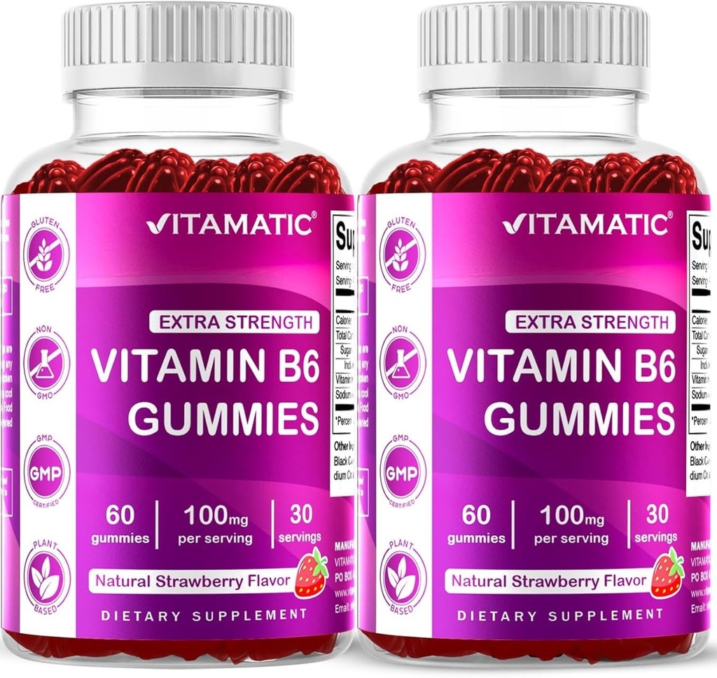 Vitamatic 2 Pakker Vitamin B6 100mg Gummies – Naturlig Jordbær Flavor – 60 Pektin-baserte Gummier per flaske – Nervesystem og energistøtte