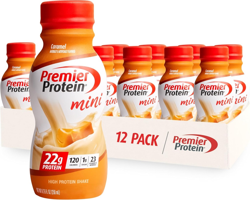 Premier Protein Shake MINIs, karamell, 22 g protein, 120 kalorier, 1g sukker, 8,75fl oz, pakke med 12